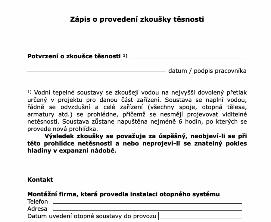 Zápis o provedení zkoušky těsnosti