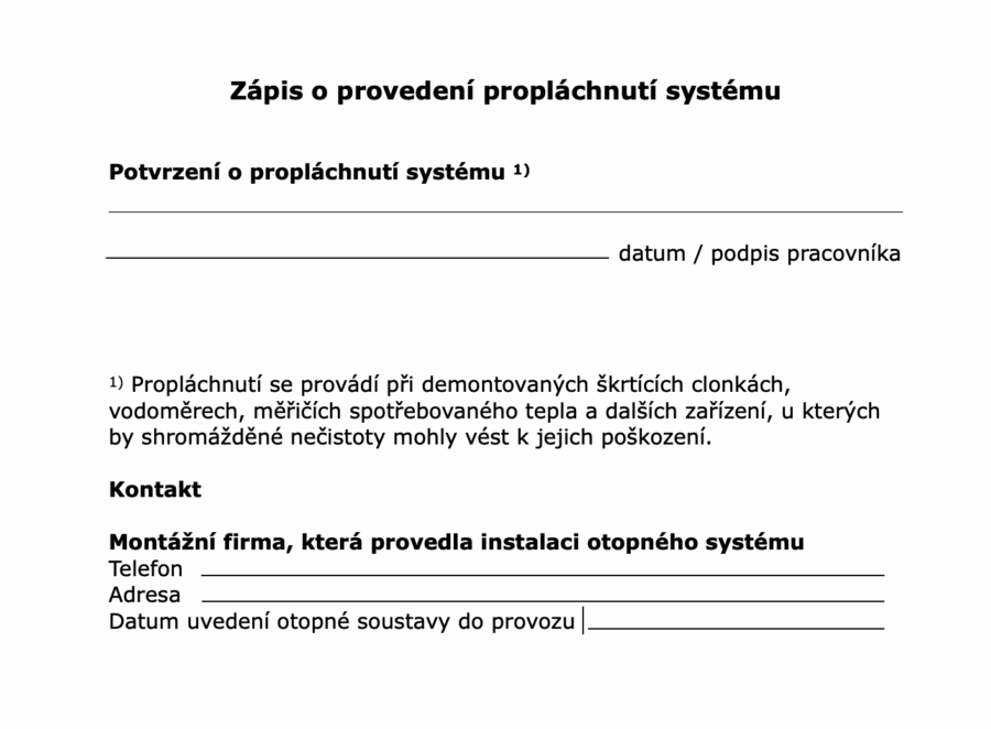 Zápis o provedení propláchnutí systému