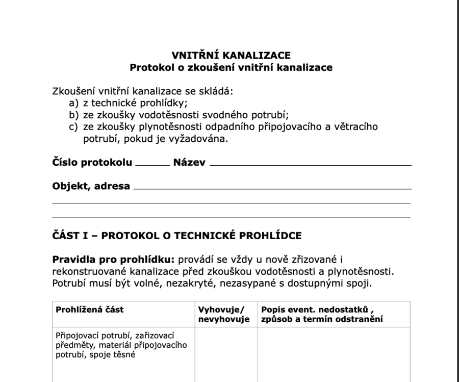 Protokol o zkoušení vnitřní kanalizace